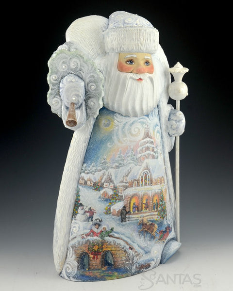 Winter White Russian Santa with Snowy Village Scenes and Tree 14 inch