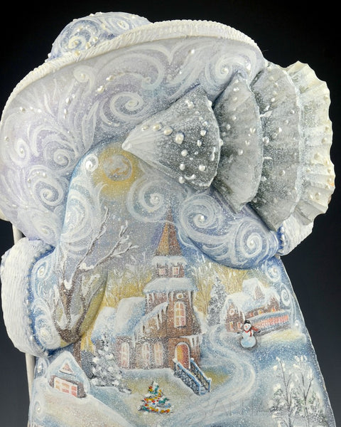 Winter White Russian Santa with Snowy Village Scenes and Tree 14 inch