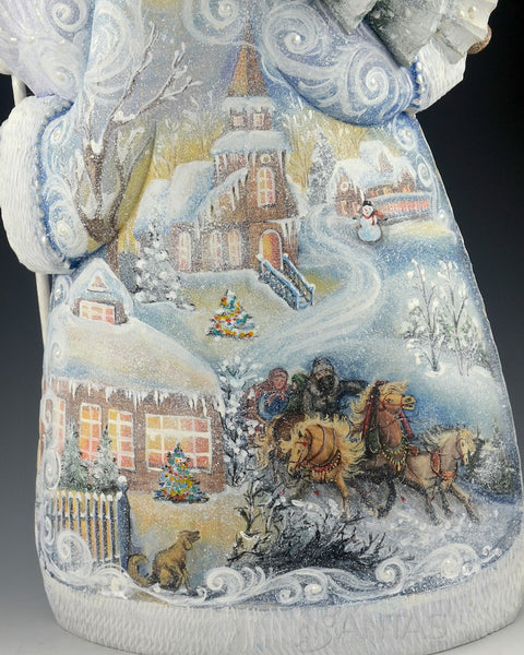 Winter White Russian Santa with Snowy Village Scenes and Tree 14 inch