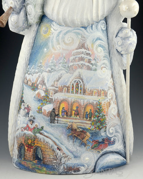 Winter White Russian Santa with Snowy Village Scenes and Tree 14 inch