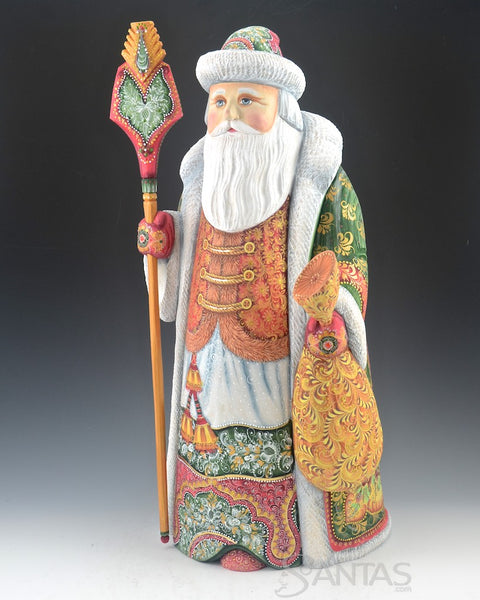 17 inch Russian Santa in Christmas Colors with Staff and Toy Bag