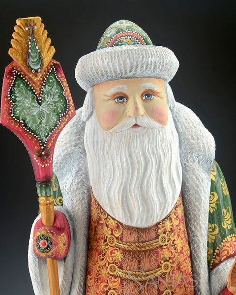 17 inch Russian Santa in Christmas Colors with Staff and Toy Bag