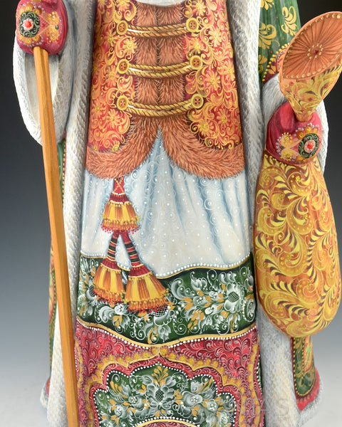 17 inch Russian Santa in Christmas Colors with Staff and Toy Bag