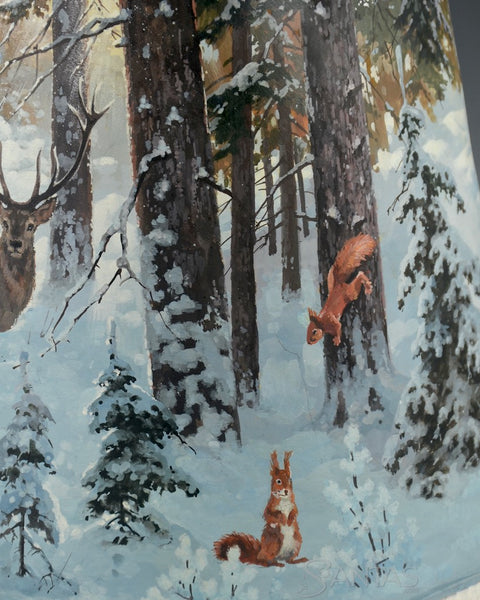 Large Scenic Wilderness Santa with Squirrels and Decorations