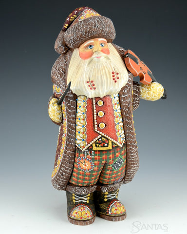 Wood Carved Russian Santa with Violin