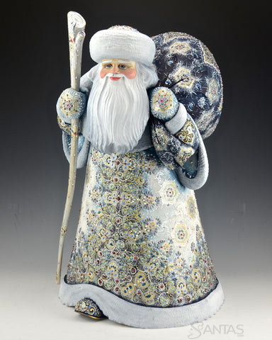 Winter Blue and Gold Ornate Russian Santa with Toy Bag