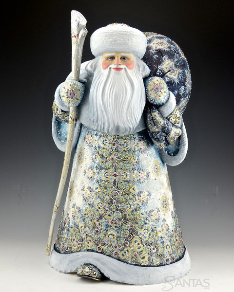 Winter Blue and Gold Ornate Russian Santa with Toy Bag