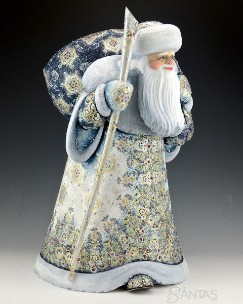 Winter Blue and Gold Ornate Russian Santa with Toy Bag