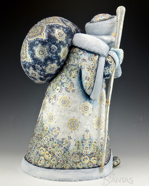 Winter Blue and Gold Ornate Russian Santa with Toy Bag
