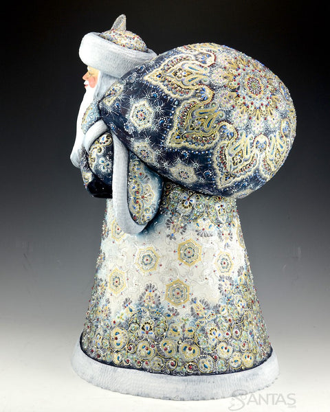 Winter Blue and Gold Ornate Russian Santa with Toy Bag