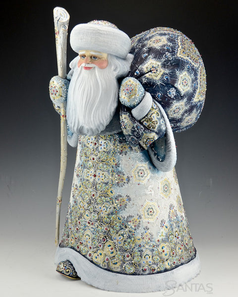 Winter Blue and Gold Ornate Russian Santa with Toy Bag