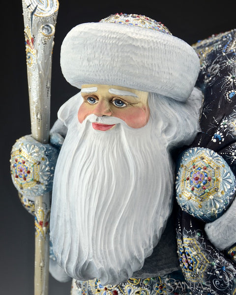 Winter Blue and Gold Ornate Russian Santa with Toy Bag