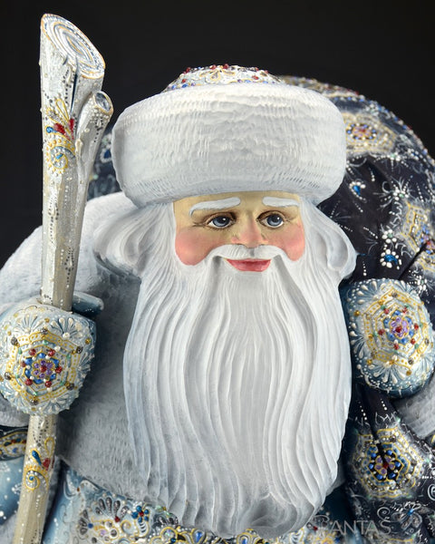 Winter Blue and Gold Ornate Russian Santa with Toy Bag