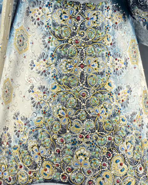 Winter Blue and Gold Ornate Russian Santa with Toy Bag