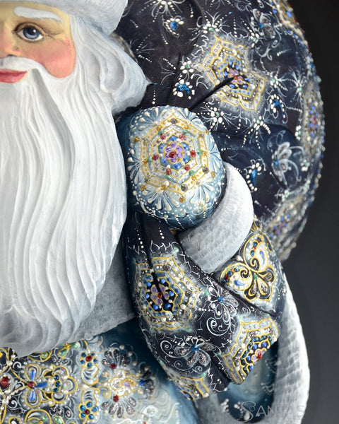 Winter Blue and Gold Ornate Russian Santa with Toy Bag