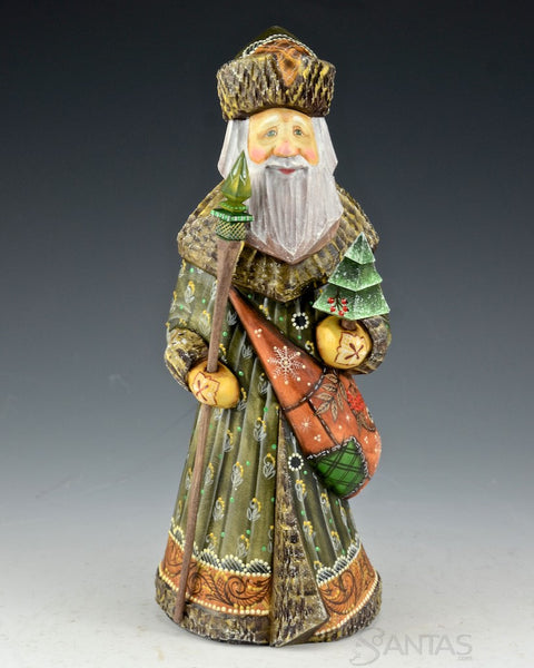 10 inch Forest Green Russian Santa with Satchel and Staff