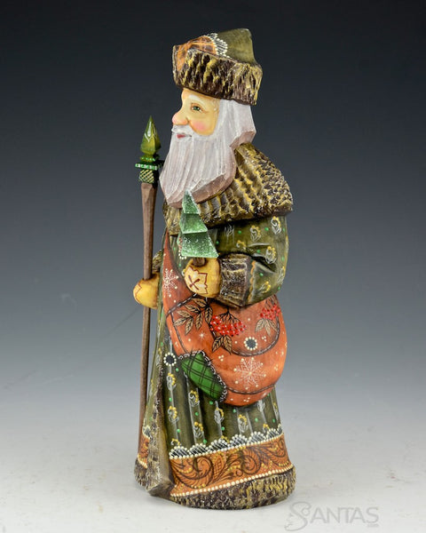 10 inch Forest Green Russian Santa with Satchel and Staff