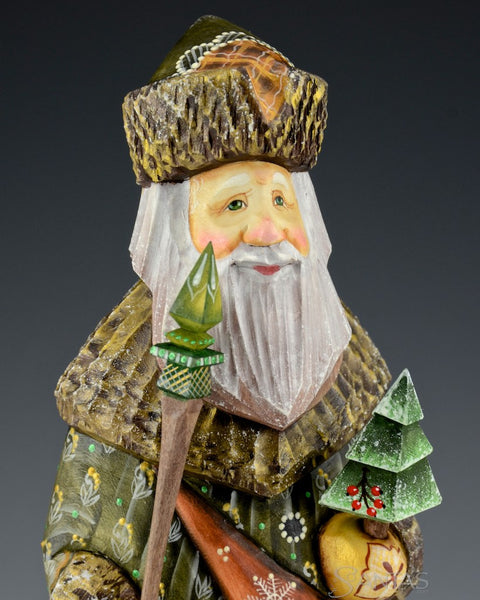 10 inch Forest Green Russian Santa with Satchel and Staff