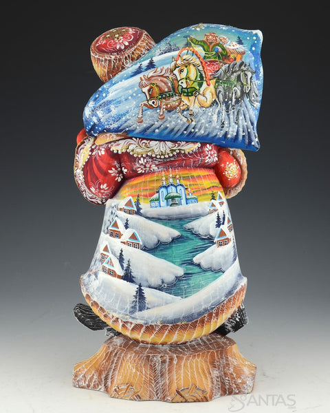 13 inch Russian Santa on Stump with Two Troika Scenes