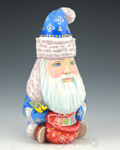 Sitting Blue Russian Santa with Bird and Toybag