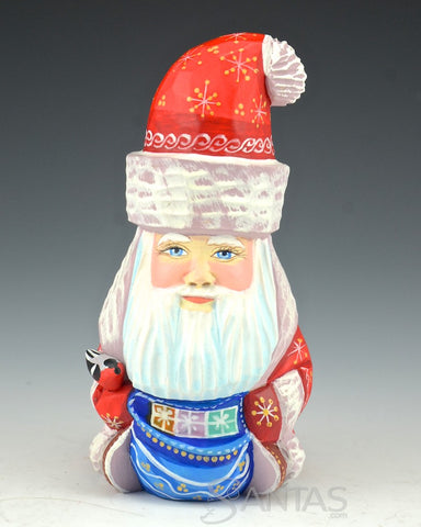 Sitting Red Russian Santa with Bird and Toybag