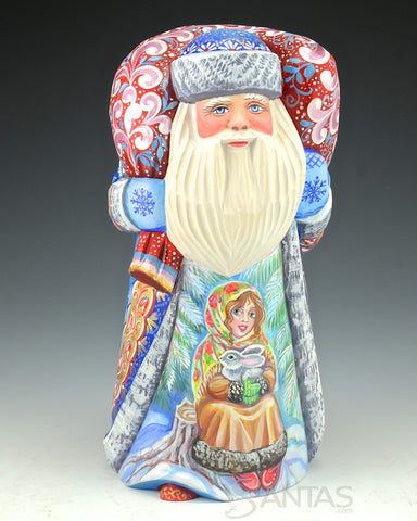 Russian Santa Carving with Girl and Rabbit