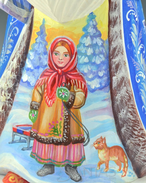 Russian Santa Carving with Girl and cat