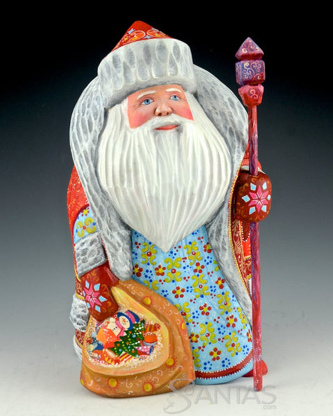 Red Russian Santa with Toy Bag and Winter Scene