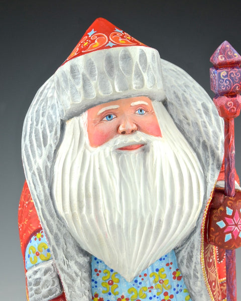 Red Russian Santa with Toy Bag and Winter Scene
