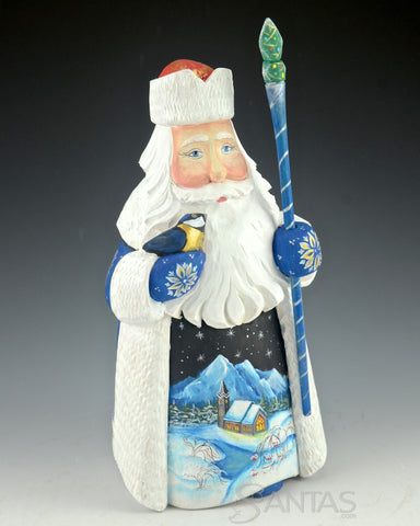Russian Santa with Bird and Starry Night Scene