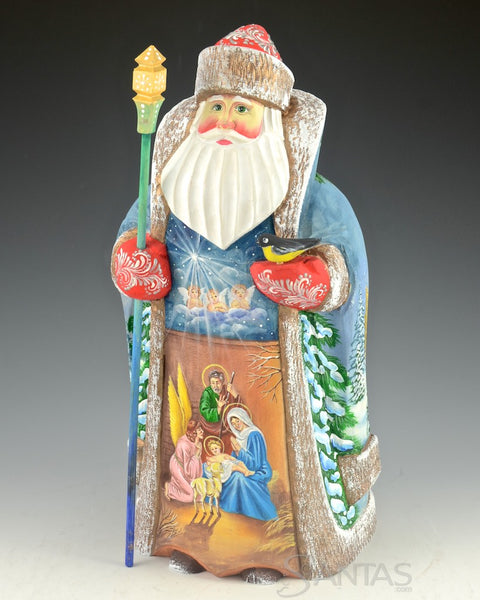 Russian Santa with Nativity and Peaceful Winter Scene
