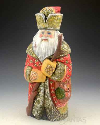 Red and Gold Frosted Russian Santa Carving with Buckskin Mittens 12 inch