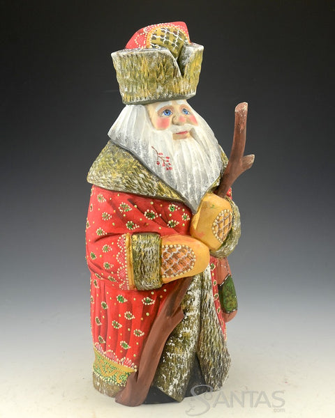 Red and Gold Frosted Russian Santa Carving with Buckskin Mittens 12 inch