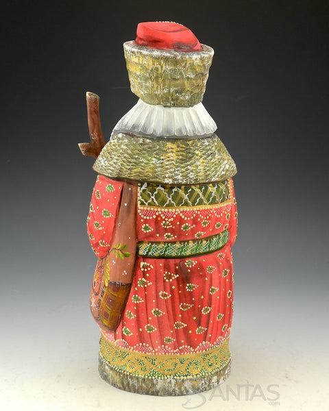 Red and Gold Frosted Russian Santa Carving with Buckskin Mittens 12 inch