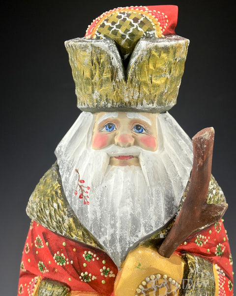 Red and Gold Frosted Russian Santa Carving with Buckskin Mittens 12 inch