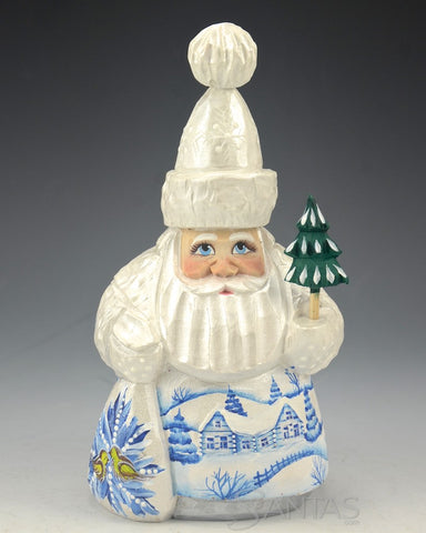 Pearly White Russian Santa Carving with Tree and Toybag 6 inch