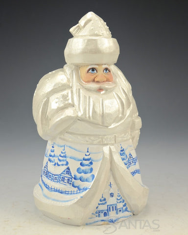 Pearly White Russian Santa Carving with Toybag and Scenes 6 inch