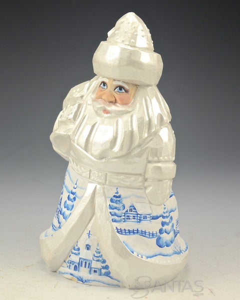 Pearly White Russian Santa Carving with Toybag and Scenes 6 inch