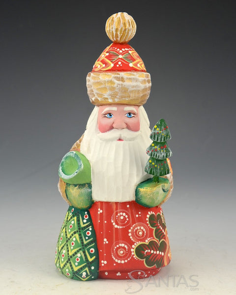 Decorative Red Russian Santa with Mini Tree and Toy Bag 6 inch
