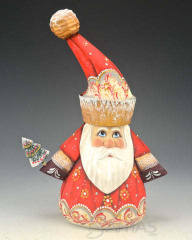 Tall Hat Red Russian Santa with Tree 7.5 inches