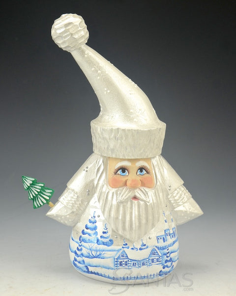 Tall Hat Pearly White Russian Santa with Tree 8 inches