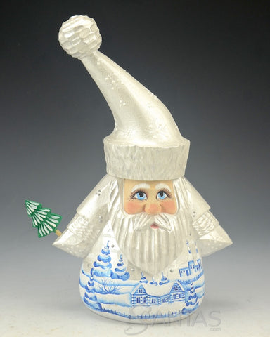 Tall Hat Pearly White Russian Santa with Tree 8 inches