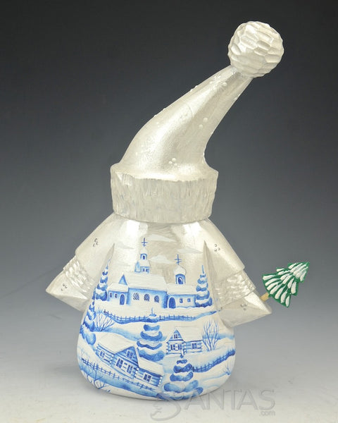 Tall Hat Pearly White Russian Santa with Tree 8 inches